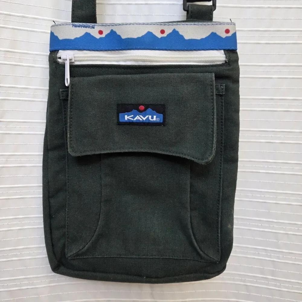 Kavu Keeper Crossbody Bag Forest Green Mountain Trim Boho Messenger Adj Strap